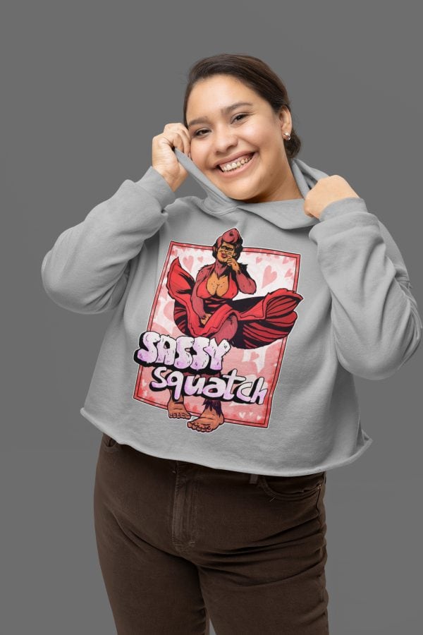 plus sized model in cropped sassy sasquatch hoodie