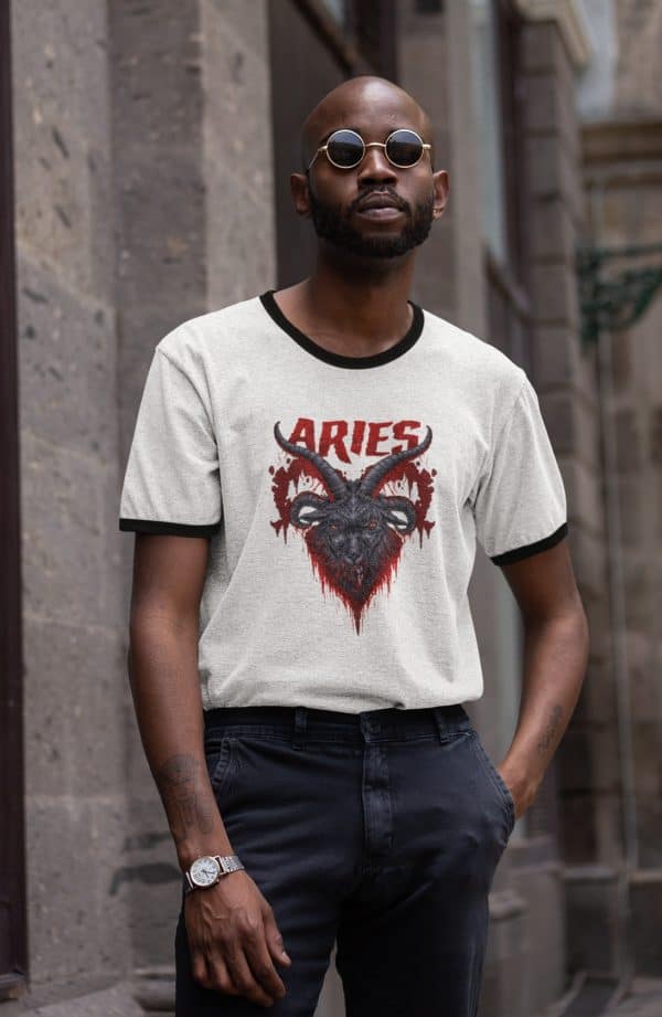 grunge outfit with jeans and heavy metal style aries design on retro ringer