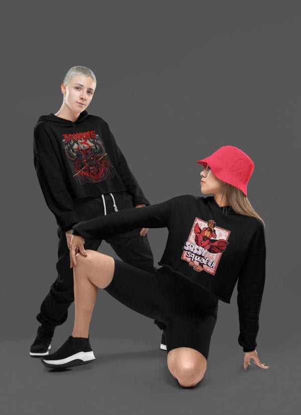 two skater girls posing in cropped alt hoodies with cryptid and zodiac designs