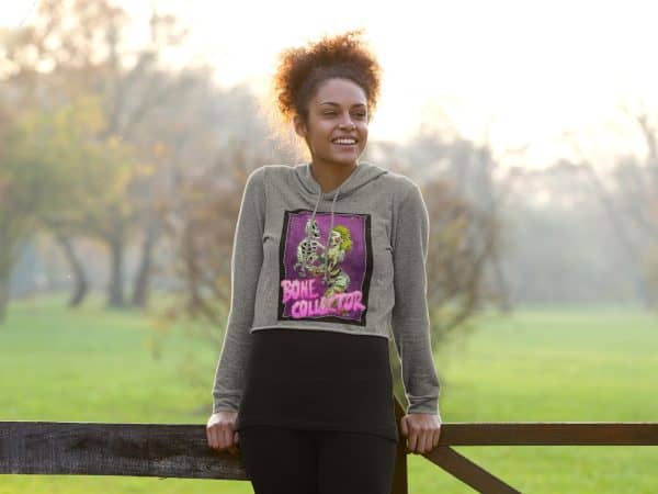 gray bone collector cropped hoodie with zombie pinup