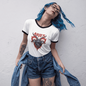 blue haired alternative fashion model wearing grunge style aries sign ringer tee