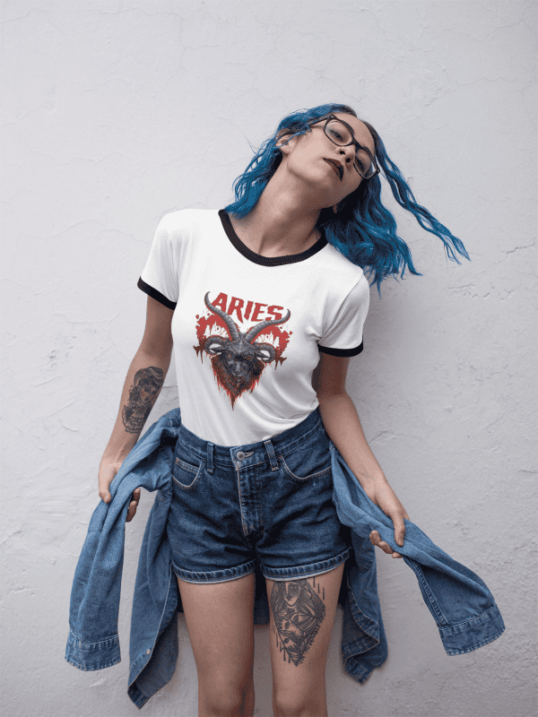 blue haired alternative fashion model wearing grunge style aries sign ringer tee