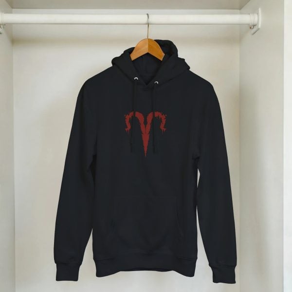 black aries twisted zodiac hoodie hanging on hanger