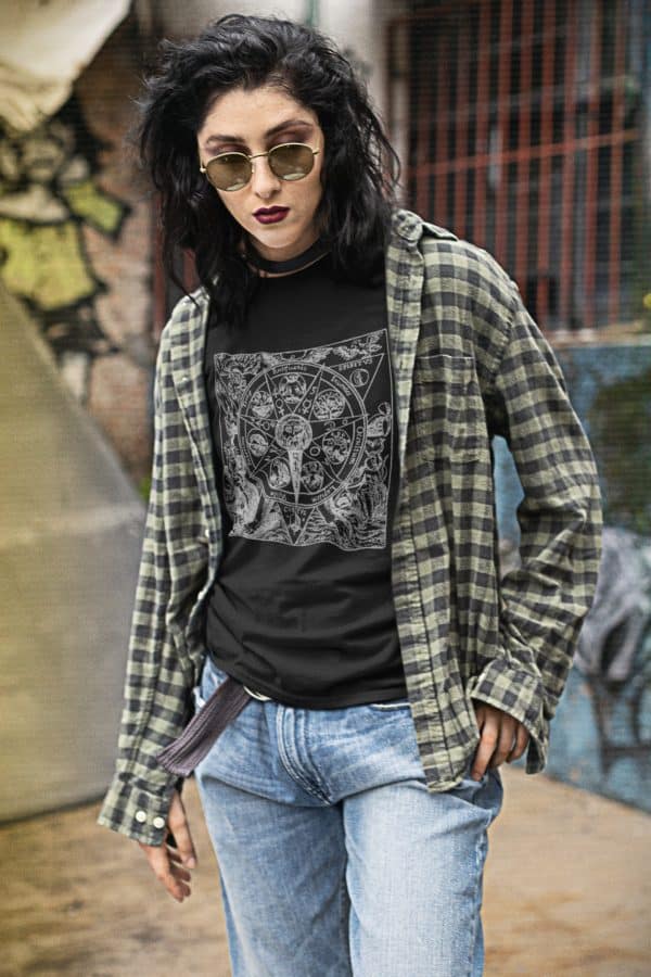 grunge woman walking while wearing goth style azoth mandala occult tee