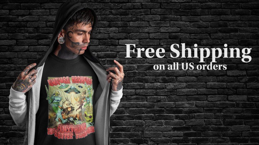 Goth man in sci-fi alt t shirt with "free shipping" on the side