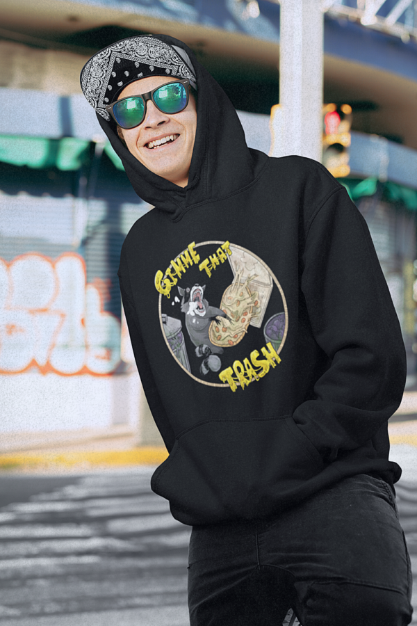 skater punk in goth streetwear and gimme that trash raccoon hoodie