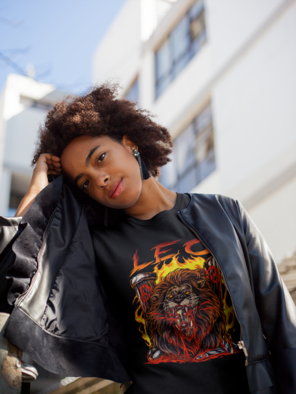 alt style model in the dark leo horoscope shirt and a leather jacket