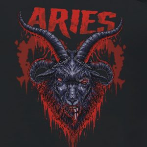 Close up of aries dark zodiac design on black alternative hoodie