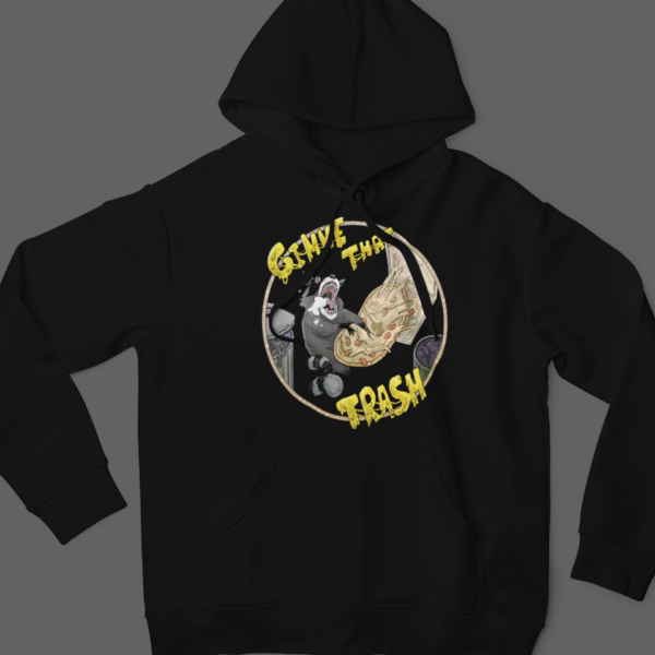 black flat lay of alt streetwear funny trash panda hoodie with words "gimme that trash"