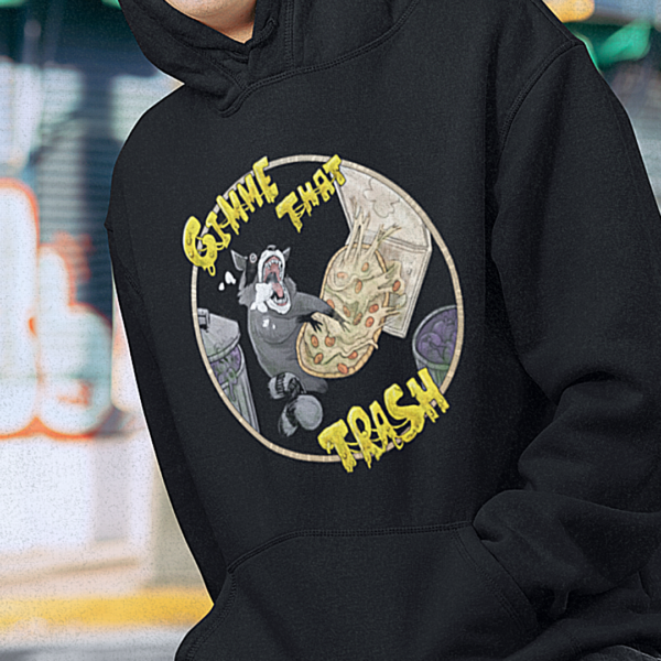 close up of alternative fashion design for trash punks featuring raccoon digging through garbage