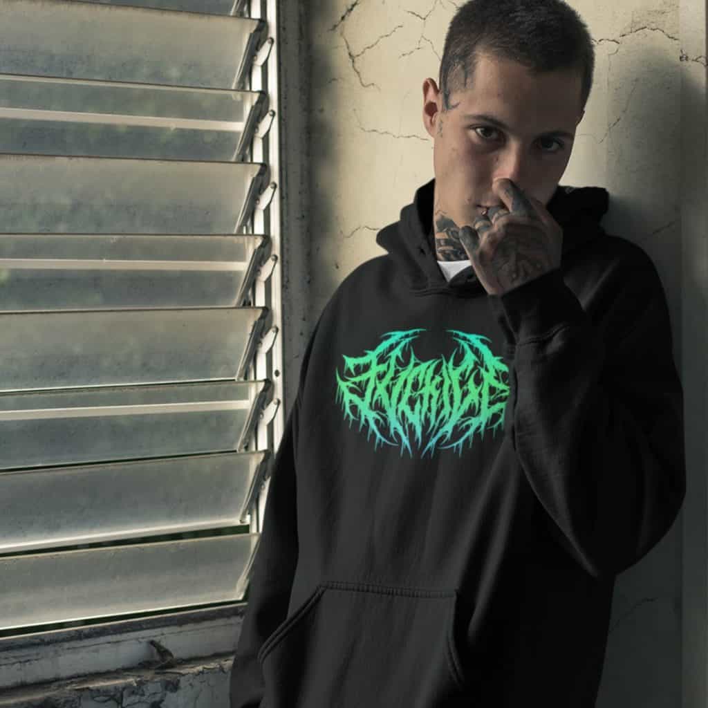 alternative punk model in fuck ice hoodie with heavy metal style logo