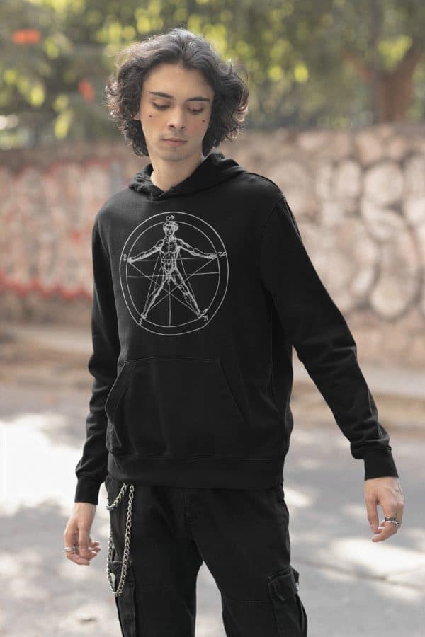 goth man in black hoodie featuring agrippa's pentagram
