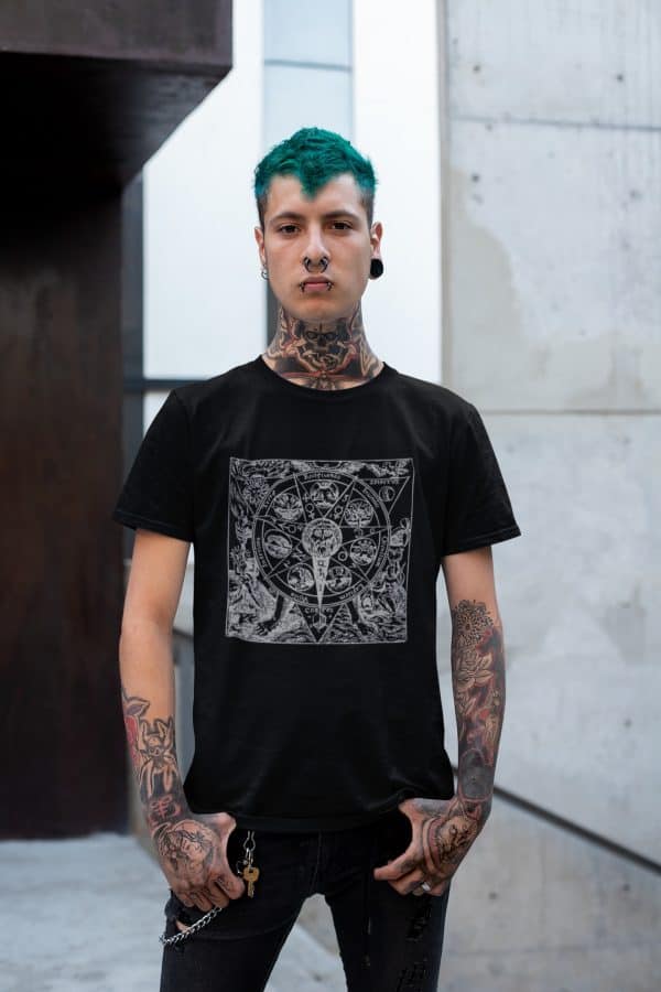 tattooed punk dude wearing alchemy t shirt with azoth mandala symbol design