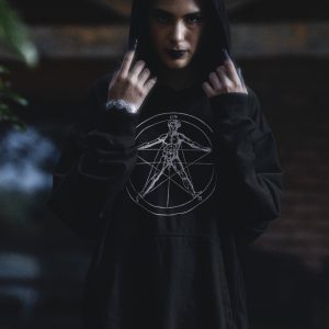 goth woman in all black while wearing agrippa's pentagram hoodie by obscurix