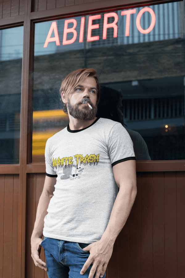 white trash ringer tee with possum eating trash