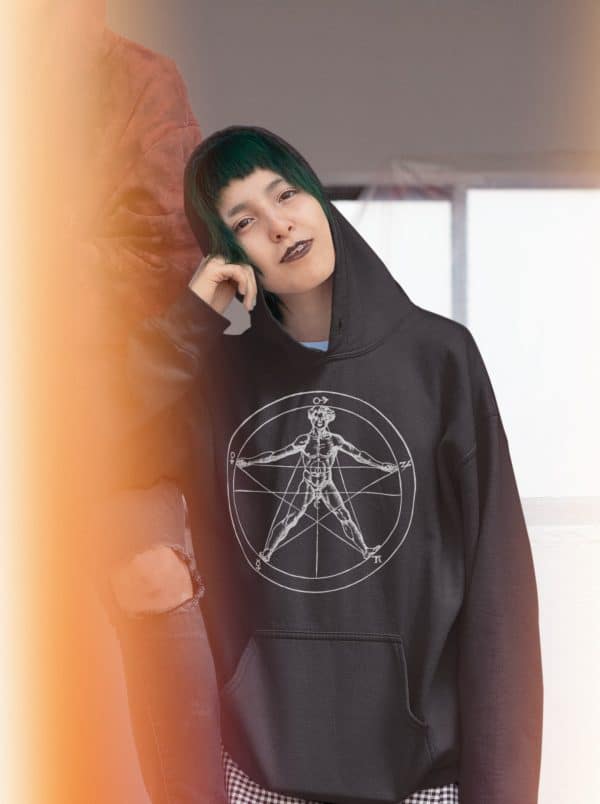 alternative model wearing agrippa's pentagram alt hoodie while leaning on boyfriend