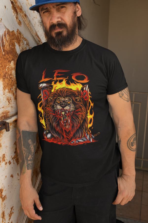 punk man leaning against wall in twisted leo zodiac t shirt by obscurix