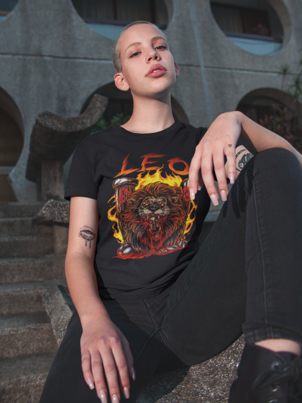 punk fashion model wearing the twisted leo zodiac sign design t-shirt