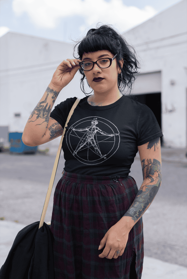 alternative woman in goth fashion agrippa's pentagram t shirt