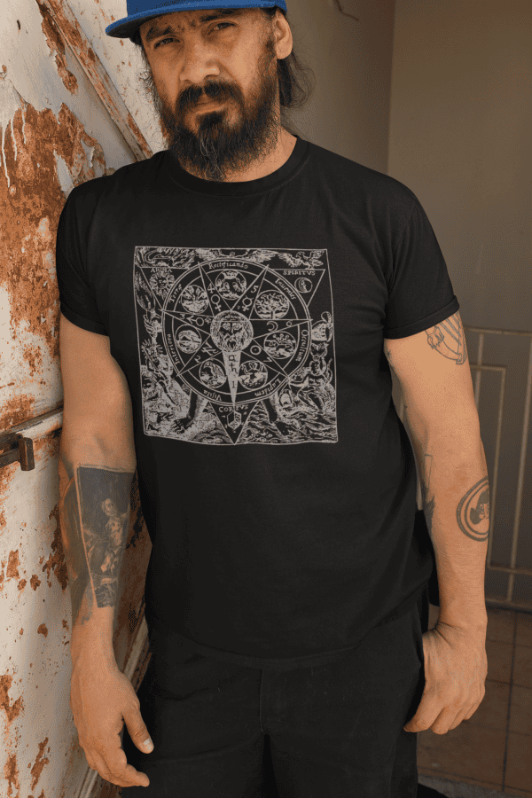 punk man wearing black azoth mandala tee