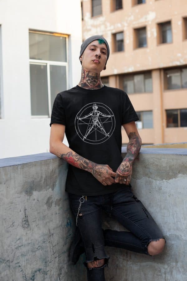 tattoed model in alternative style agrippa's pentagram tee