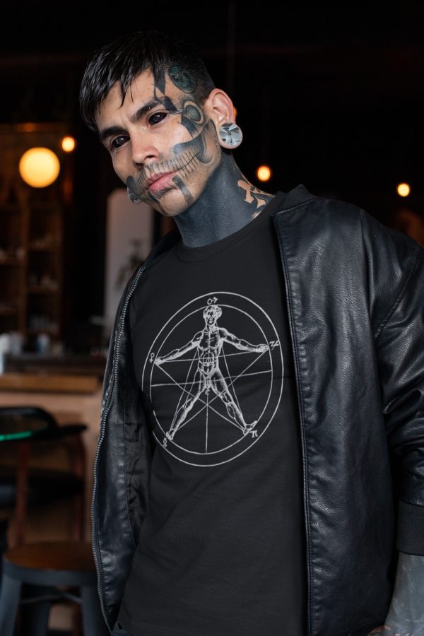 tattooed goth man wearing agrippa's pentagram tee and leather jacket