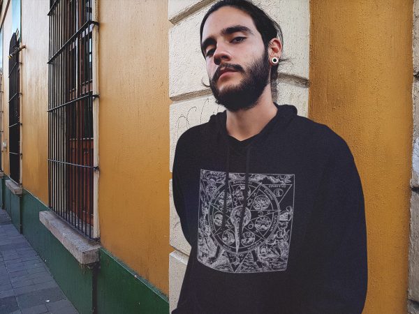 grunge hipster posting in occult azoth mandala hoodie
