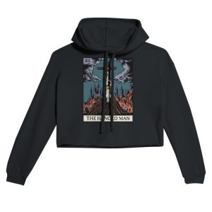 the hanged man tarot card design cropped hoodie - black - flat lay
