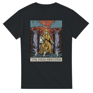 black t-shirt flat with the high priestess tarot card design