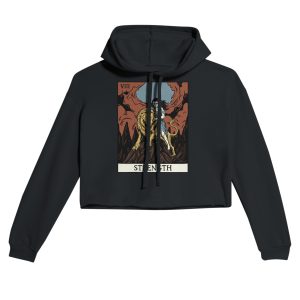black cropped hoodie with strength tarot card design - flat lay