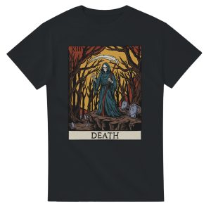flat lay of black t-shirt featuring death tarot card design print
