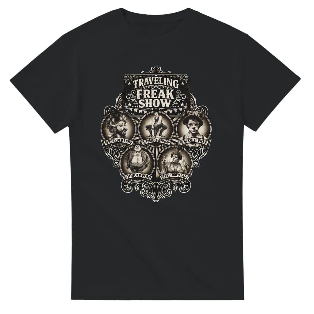 black t-shirt with vintage traveling freak show design