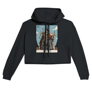 justice tarot card design cropped hoodie - black - flat lay
