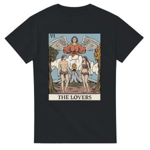 flat lay of the lovers tarot card design t-shirt - black