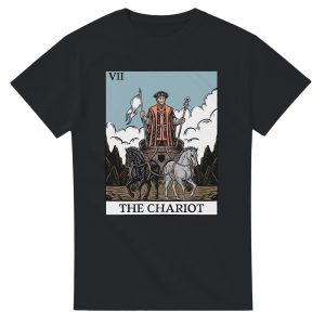 black t shirt with the chariot tarot card print design