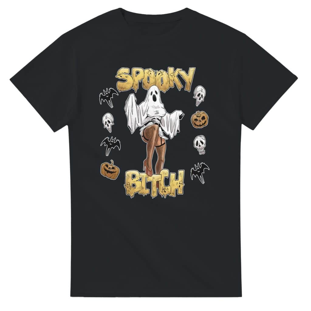 ghost pinup t-shirt with phrase "spooky bitch" for goths