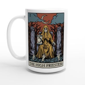 15oz white coffee mug with the high priestess tarot card design