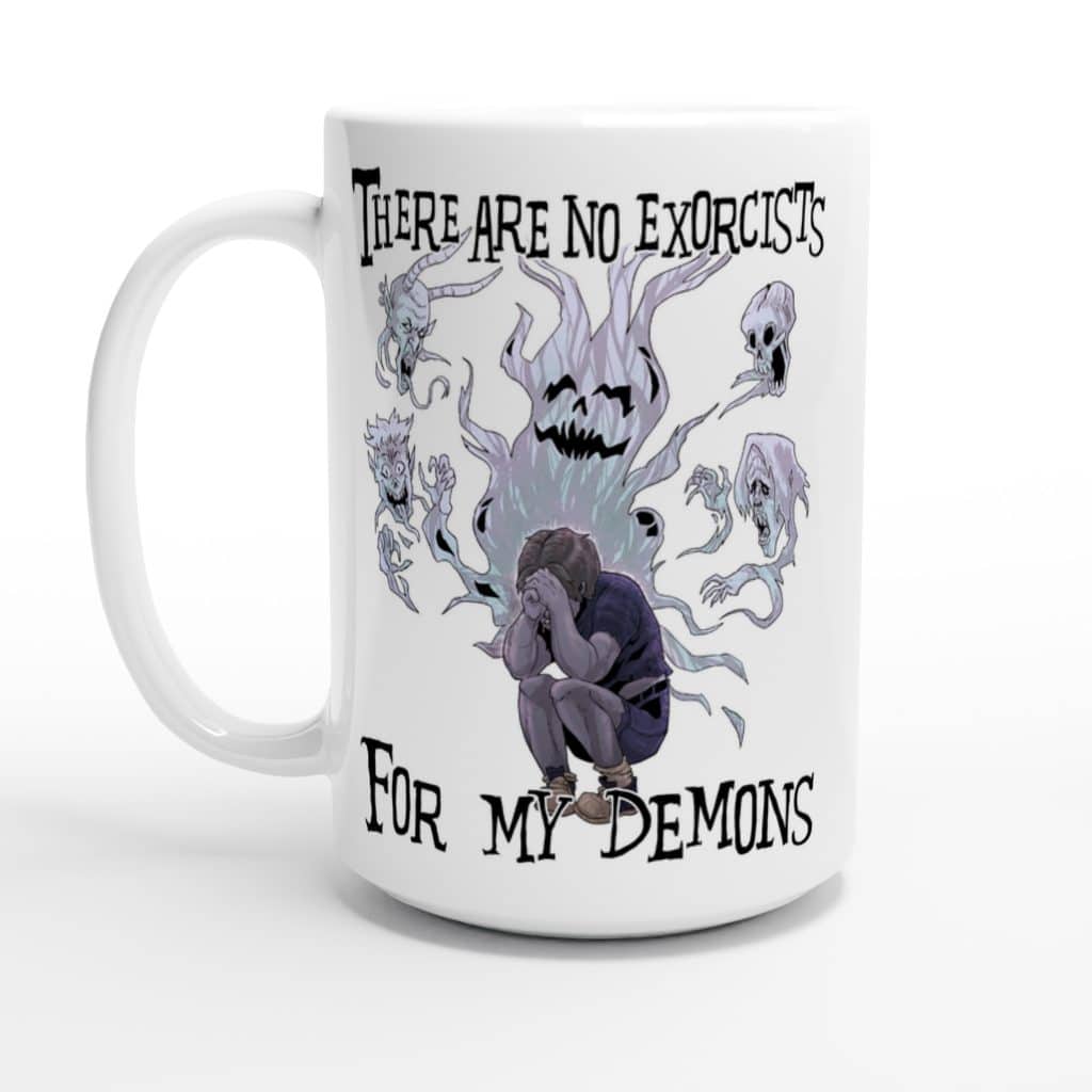 White mug with man crouching as ghostly demons surround him