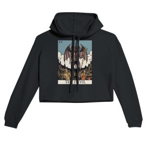the devil tarot card design cropped hoodie - black - flat lay