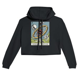 wheel of fortune tarot card design cropped hoodie - black - flat lay