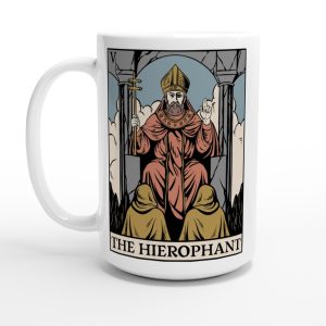 15oz white mug with print of the hierophant tarot card