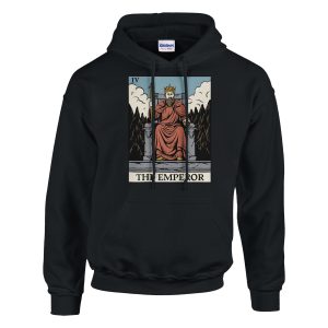 The emperor tarot card design hoodie - flat lay - black