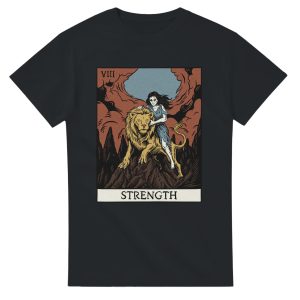 black t shirt with strength tarot card design print