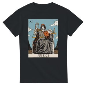 black t shirt with justice tarot card design print
