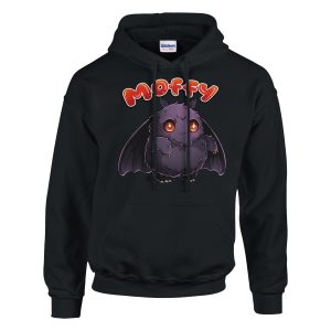 Black hoodie with chibi mothman design and name "moffy"
