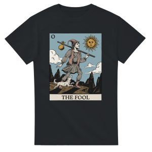 black t shirt with the fool tarot card design print