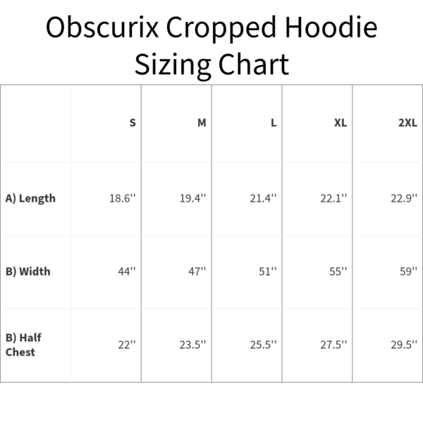 Obscurix cropped hoodie sizing chart