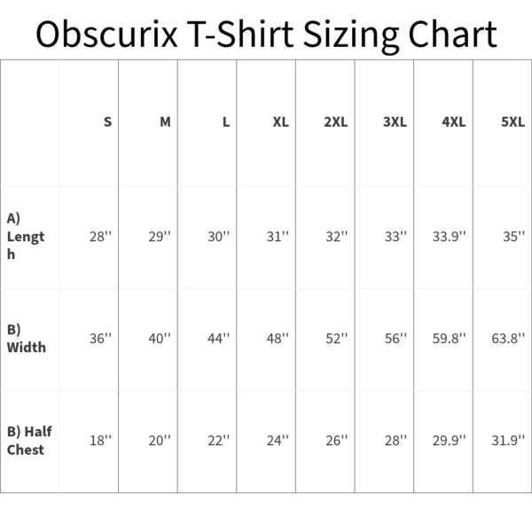 Obscurix alternative fashion graphic t-shirt sizing chart