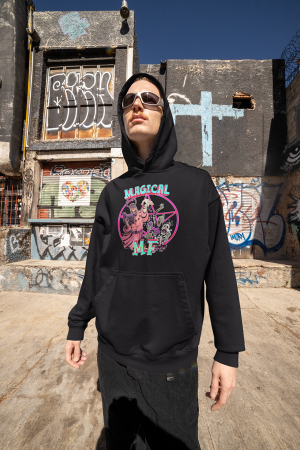 skater boy wearing alt style streetwear hoodie featuring magical mf design with necromancer