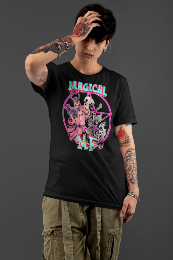 alternative model with tattoos and piercings posing in black dark humor magical mother fucker tee